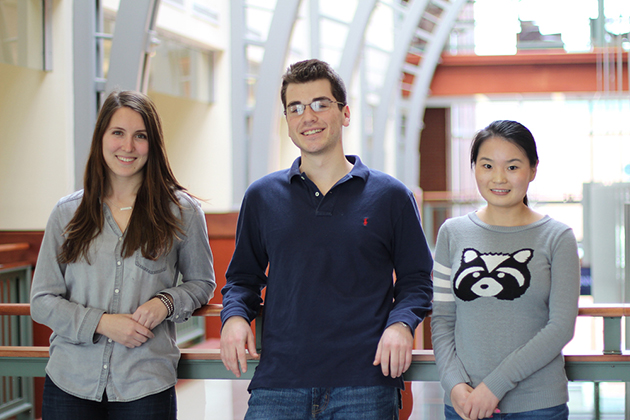 This May, UConn will graduate its first students with majors in Chinese. From left to right: Erin DeMay '15 (CLAS), economics and Chinese double major; Marc Schuman '15 (BUS, CLAS), accounting and Chinese double major, and Yanyan Freitag '15 (CLAS), mathematics-statistics and Chinese double major. (Bri Diaz/UConn photo)
