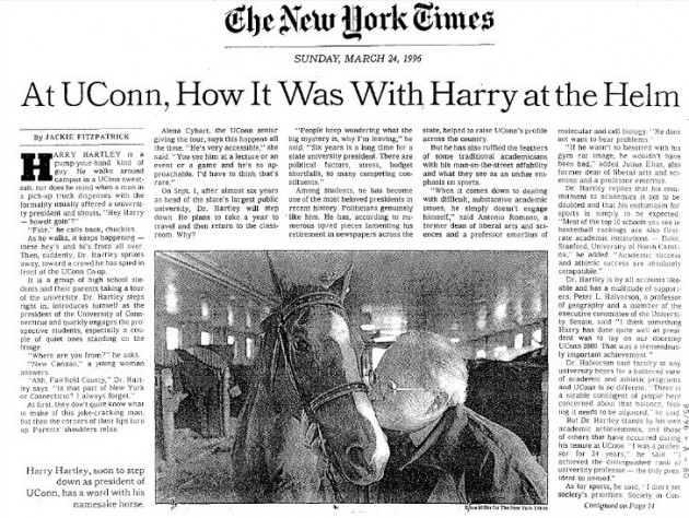A 1996 New York Times article about Harry Hartley, shortly before he stepped down as UConn President. The article describes Hartley as 'one of the most beloved presidents in recent history' among students.
