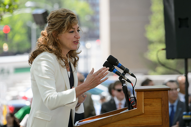 President Susan Herbst speaks during the groundbreaking ceremony for the new downtown Hartford Campus on May 18, 2015. (Peter Morenus/UConn Photo)