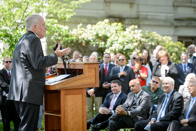 Larry McHugh, chair of the board of trustees, speaks during the groundbreaking ceremony for the new downtown Hartford Campus on May 18, 2015. (Peter Morenus/UConn Photo)