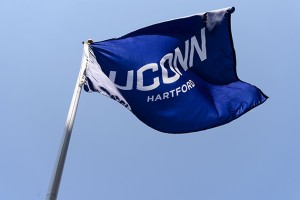 A UConn flag now flies at the site of the new downtown Hartford Campus on May 18, 2015. (Peter Morenus/UConn Photo)