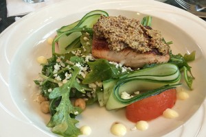 The Mediterranean Salmon Salad is equal parts sweet, salty, and refreshing with homemade stone-ground mustard, salmon, feta cheese, and Chef Kyle Davis's own lime curd. (Abby Mace/UConn photo)