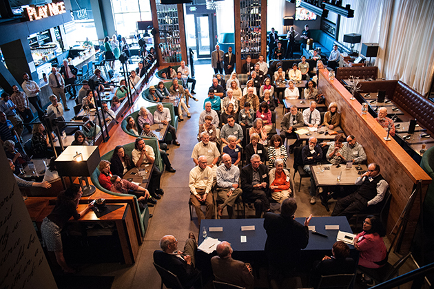 The science cafe, which was facilitated by the University and the UConn Foundation, drew a sold-out crowd of 120 alumni, faculty, staff, and members of the public. (Peter Morenus/UConn Photo)