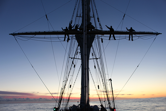 SEA Semester students on the SSV Robert C. Seamans had an opportunity to climb the rigging of the ship for an unobstructed view. (Photo courtesy of Tim Bateman '16 (CLAS))
