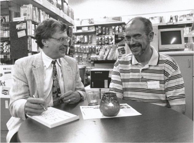 Lary Bloom, left, and Wally Lamb in 1997 at the book launch for Bloom's 'The Writer Within,' published by the UConn Co-op's Bibliopola Press. (Photo by Peter Crowley)