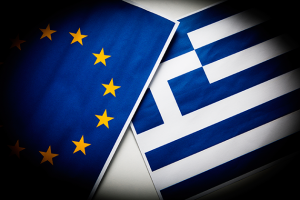 The Eurozone flag overlapping the Greek flag. (iStock Photo)