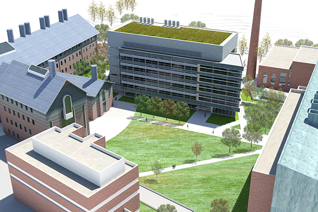 An architect's rendering of the new Engineering & Science Building seen from above.