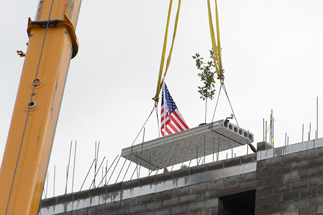 A flag and oak tree are lifted to the roof during topping off ceremony for the STEM residence hall on Sept. 14, 2015. (Peter Morenus/UConn Photo)