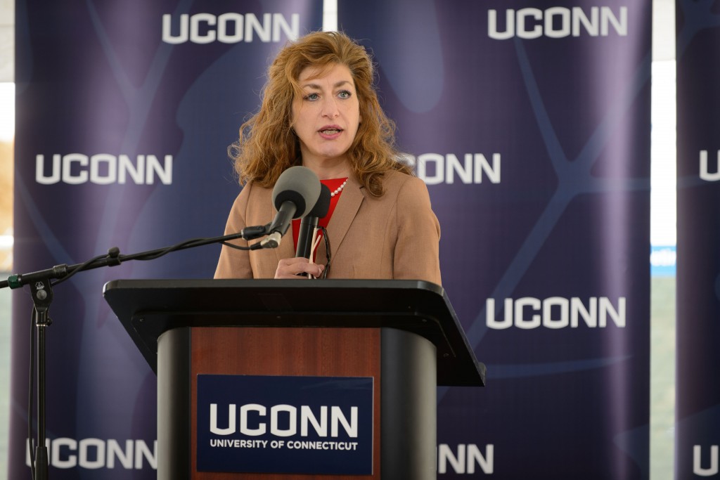 President Susan Herbst speaks at the groundbreaking ceremony for the Innovation Partnership Building on Oct. 14, 2015. (Peter Morenus/UConn Photo)
