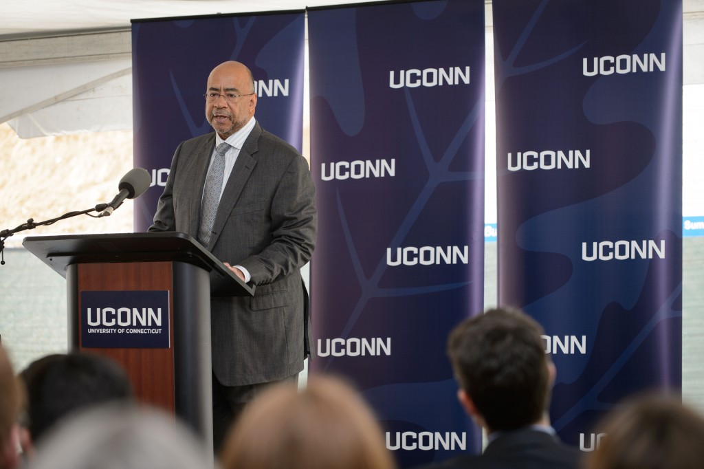 Rod Powell, president of corporate citizenship at Eversource Energy, speaks at the groundbreaking ceremony for the Innovation Partnership Building on Oct. 14, 2015. (Peter Morenus/UConn Photo)