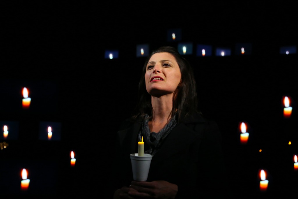 Brandy Burre leads the ensemble of THE LARAMIE PROJECT by Moisés Kaufman and the members of Tectonic Theatre Project onstage in Connecticut Repertory Theatre’s Nafe Katter Theatre from October 8-18, 2015. Tickets and Info at crt.uconn.edu. Photo by Gerry Goodstein
