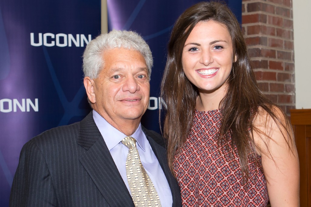 Donor Paul Polo and field hockey midfielder Roisin Upton, a senior from Limerick, Ireland, at the Athletics Endowment annual dinner.