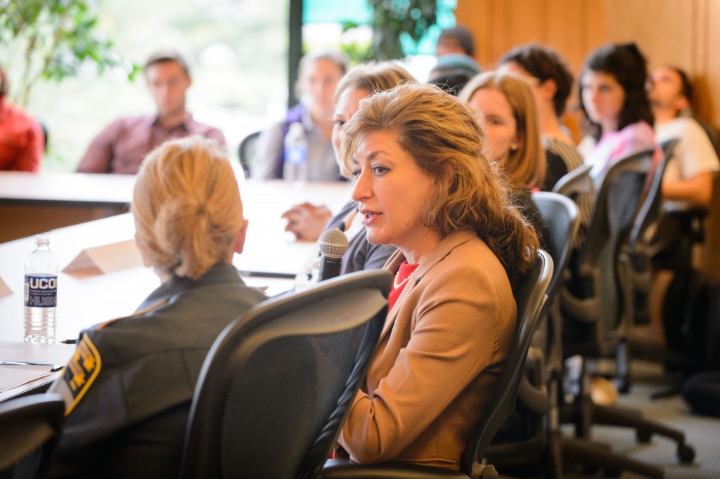 President Susan Herbst speaks during a discussion on campus safety, emergency training and mental health issues held at the School of Business board room on Oct. 14, 2015. (Peter Morenus/UConn Photo)