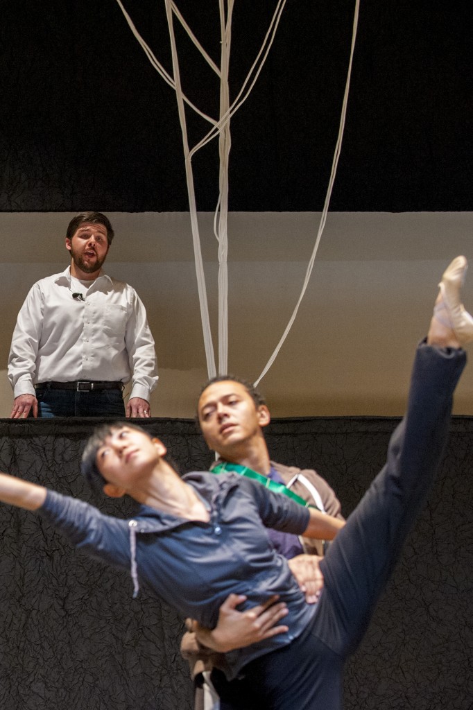 Baritone Ryan Burns, a graduate student, in rehearsal with members of the Jessica Lang Dance Co. at Jorgensen Center for the Performing Arts. (Sean Flynn/UConn Photo)