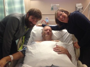 On the road to recovery, Lloyd Darleywith his son, Drew, and wife Debbie. (Lauren Woods/UConn Health Photo)
