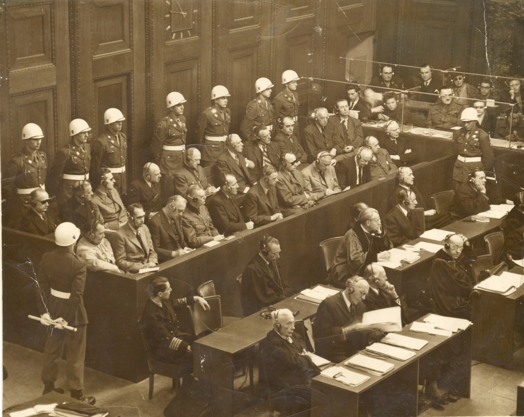 Defendants in the courtroom at the International Military Tribunal in Nuremberg. (Thomas J. Dodd Papers, Archives & Special Collections at the Thomas J. Dodd Research Center, University of Connecticut Libraries)