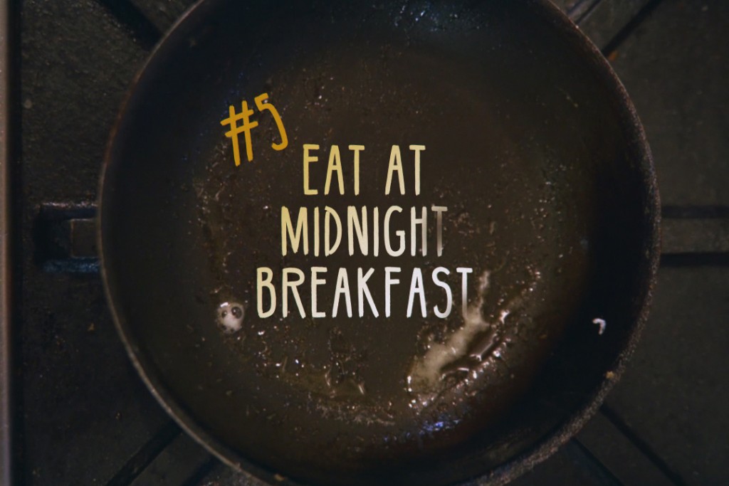 A frying pan with the words #5 Eat at Midnight Breakfast for December's #UConnBucketList.