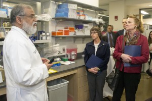 Dr. Pramod Srivastava, director of the Neag Comprehensive Cancer Center, talks with state legislators touring the renovated research and academic facilities at UConn Health. (Tina Encarnacion/UConn Health)