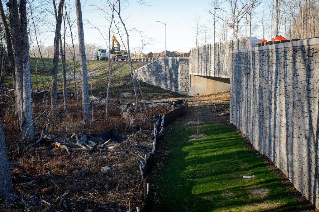 Walls and large culverts direct wildlife under Discovery Drive. Two of the three bridges are large enough for deer to pass through. (Peter Morenus/UConn Photo)