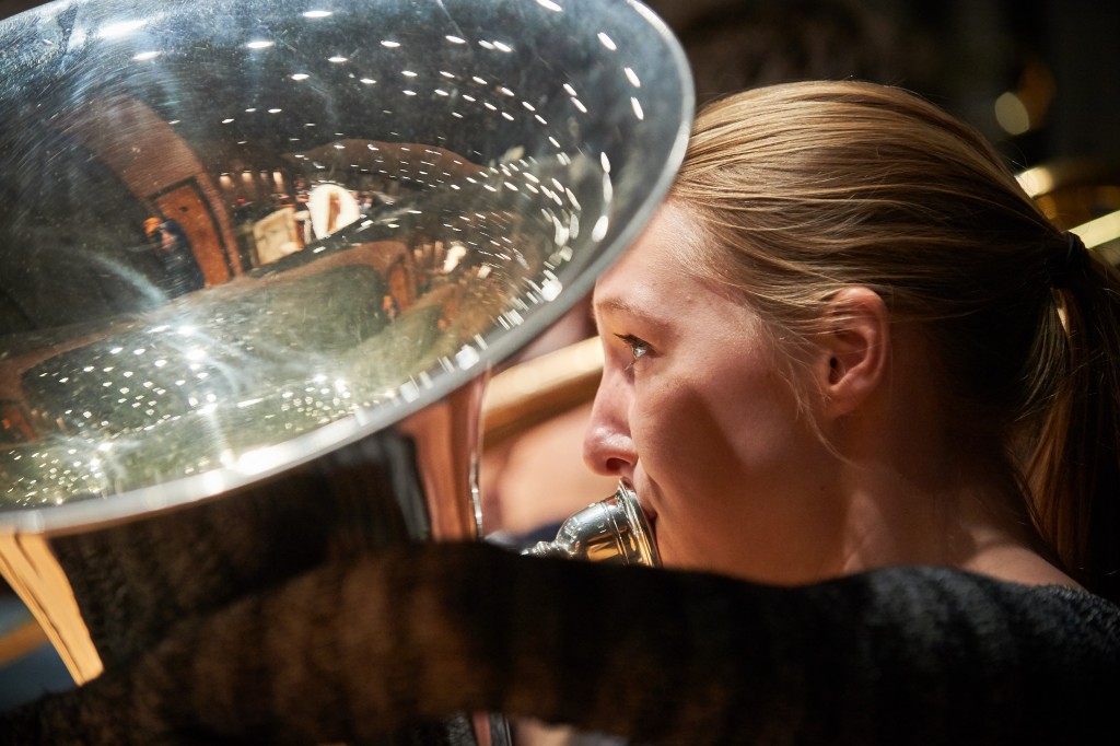 Samantha Lake '16 (SFA) plays tuba during a rehearsal of the University Symphony Orchestra at von der Mehden Recital Hall on Nov. 16, 2015. (Peter Morenus/UConn Photo)