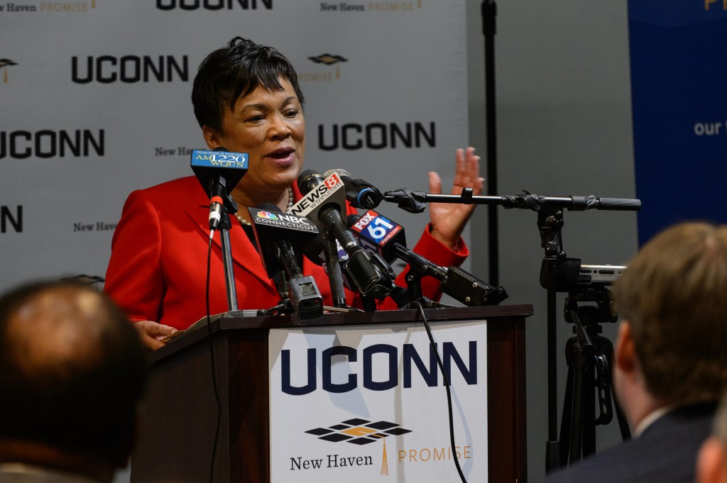 New Haven Mayor Toni Harp speaks during an event to announces an additional financial commitment for New Haven Promise students held at the Cooperative Arts and Humanities High School in New Haven on Dec. 1, 2015. (Peter Morenus/UConn Photo)