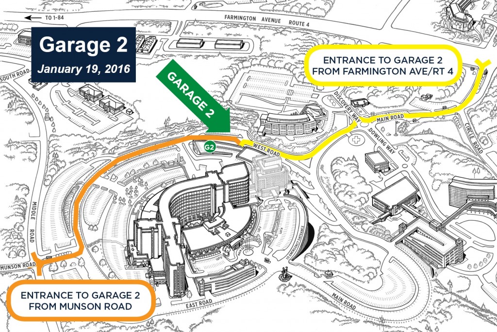 Staff entrance to Garage 2 is on West Road, accessible from both campus entrances. (Click image for larger map.)