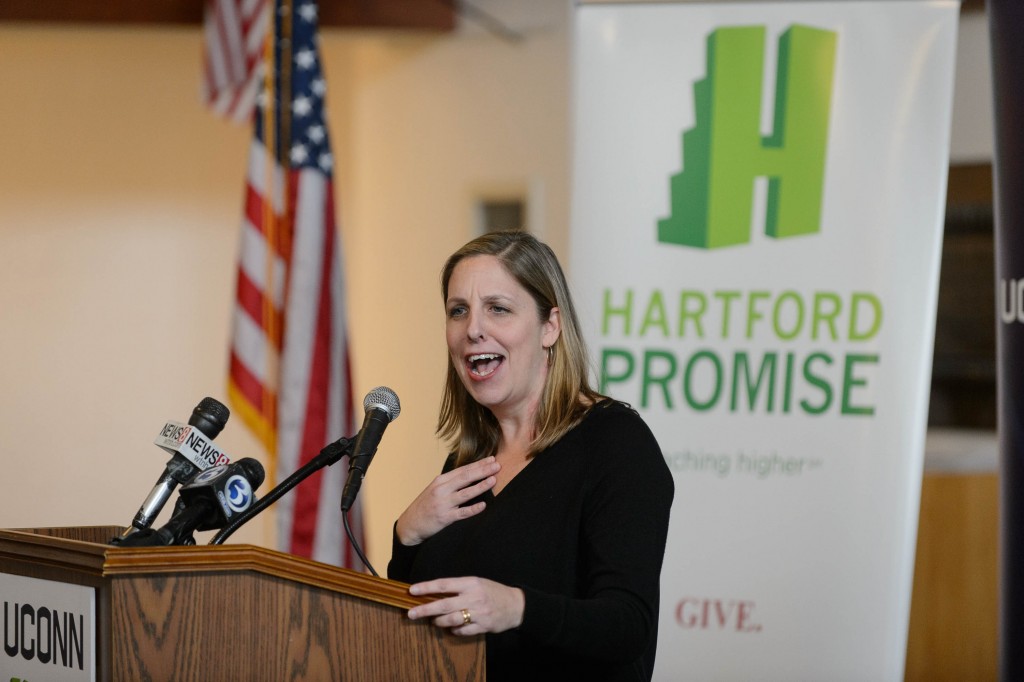 Superintendent of Schools Beth Schiavino-Narvaez speaks during the Hartford Promise announcement held at Mark Twain branch of the Hartford Public Library at Hartford Public High School on Jan. 12, 2016. (Peter Morenus/UConn Photo)