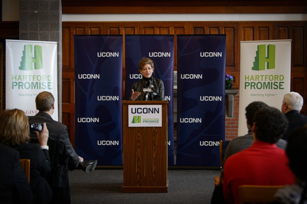 President Susan Herbst speaks during the Hartford Promise announcement held at Mark Twain branch of the Hartford Public Library at Hartford Public High School on Jan. 12, 2016. (Peter Morenus/UConn Photo)