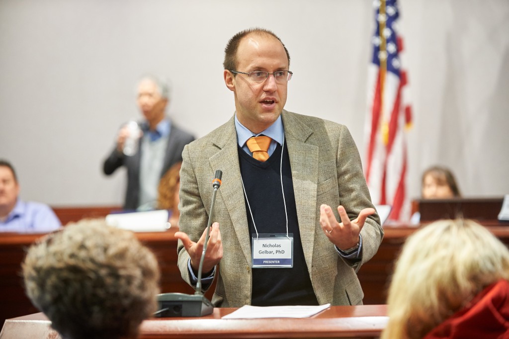 Nicholas Gelbar, research director of the Center for Excellence in Developmental Disabilities, speaks during a presentation on hands-off behavioral interventions held at the Legislative Office Building at the state Capitol on Jan. 27, 2016. (Peter Morenus/UConn Photo)