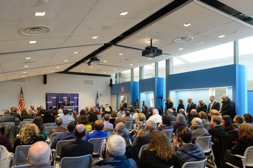 Mayor Neil O'Leary speaks during the dedication ceremony for the Rectory Building at the Waterbury Campus on Jan. 5, 2016. (Peter Morenus/UConn Photo)