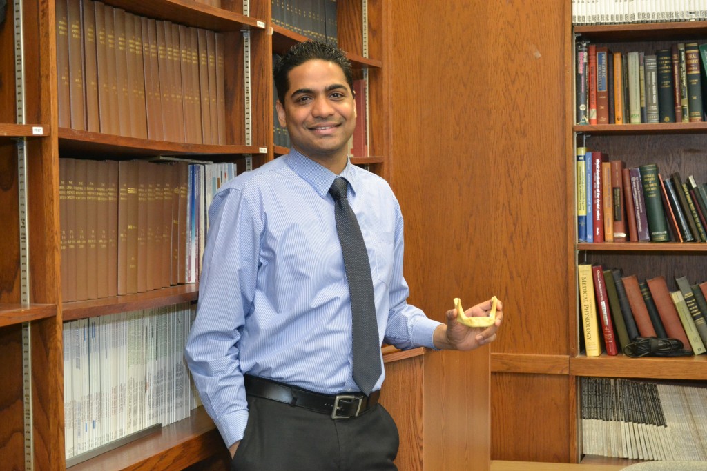 Dr. Avinash Bidra, UConn School of Dental Medicine and National chair of NPAW (National Prosthodontics Awareness Week) on March 18, 2014. (Sarah Turker/UConn Health Photo)