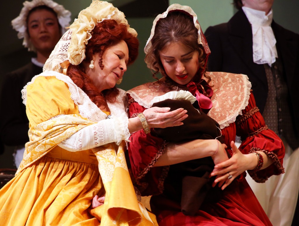 Guest artist Cynthia Darlow (Mrs. Jennings) and Jenn Sapozhnikov, '17 (SFA) (Mrs. Palmer) in the CRT production of 'Sense and Sensibility,' now playing at the Harriet Jorgensen Theatre. (Gerry Goodstein for UConn)