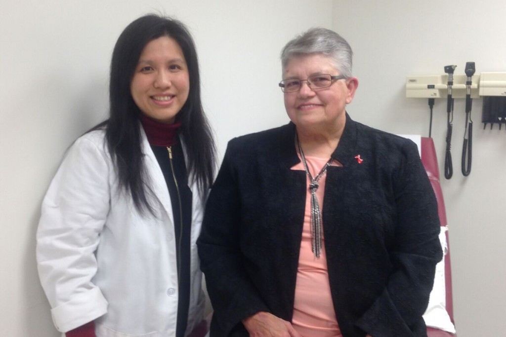 Cardiologist Dr. Joyce Meng, left, with patient Cris Muscara. (Lauren Woods/UConn Health Photo)