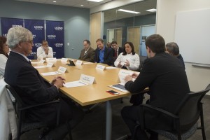 Sen. Chris  Murphy meets with UConn Health researchers Tuesday. (Photo by Janine Gelineau)