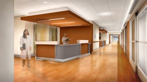 An architectural rendering of an inpatient floor in the new hospital tower at UConn Health.