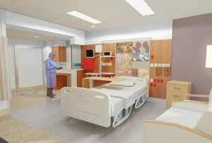 An architectural rendering of an inpatient room in the new hospital tower at UConn Health. 