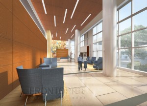 An architectural rendering of the main lobby in the new hospital tower at UConn Health.