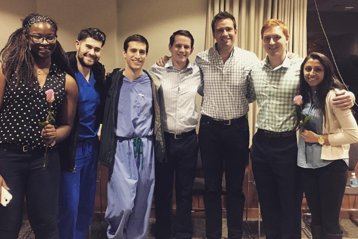 Members of the UConn School of Dental Medicine Class of 2016 celebrate their residency placements. From left: Amaka Amakwe, Daniel Kirk, Eric Silver, Benjamin Noblitt, Adam Abel, Joseph Larson and Neha Grewal all matched into oral surgery residencies. Dr. Michael Goupil, associate dean for students, says, “This year we placed seven students in oral surgery out of seven people applying. That’s almost unheard of.” (Photo by Samantha Weston)