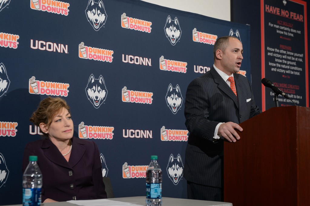 David Benedict is introduced as the new athletic director at a press conference held at the Burton Family Football Complex on March 1, 2016. (Peter Morenus/UConn Photo)