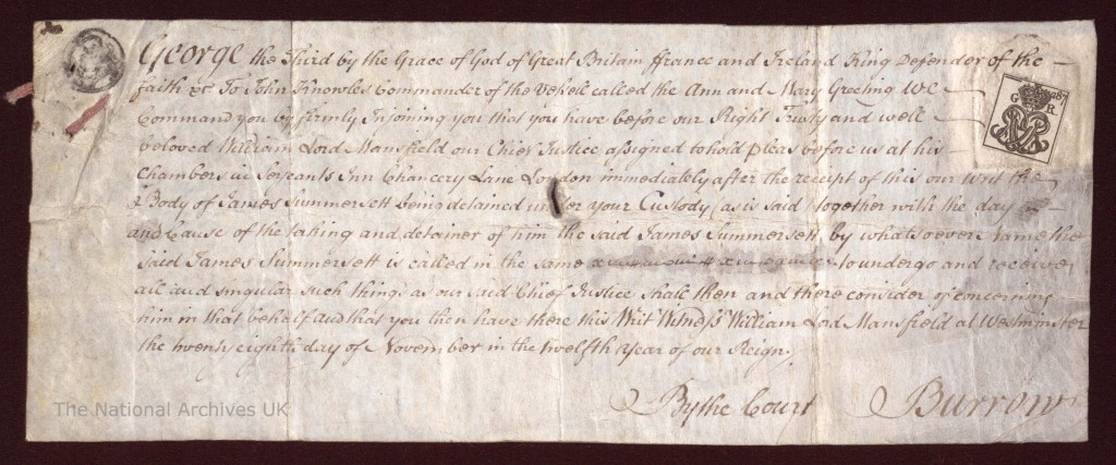 Writ of habeas corpus issued for James Somerset (‘James Summersett’), Nov. 28, 1771, by Lord Mansfield, Chief Justice of the King’s Bench. (Copyright The National Archives, United Kingdom)