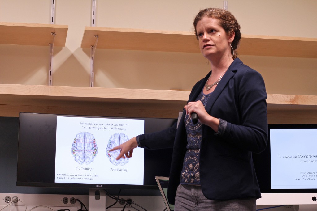 Assistant professor of speech, language, and hearing sciences Emily Myers presents at the Brain Imaging Research Center opening on Sept. 29, 2015. (Bri Diaz/UConn Photo)