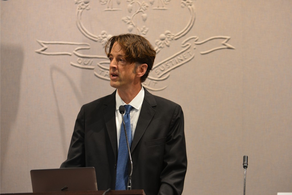 UConn professor Michael Coyne, a research scientist with the Neag School of Education’s Center for Behavioral and Educational Research, discusses the results of the CT K-3 Reading Model at the state Capitol on April 22. (Shawn Kornegay/UConn Photo)