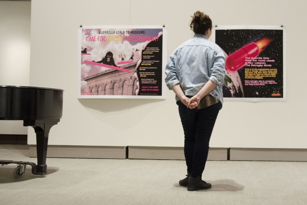 Posters on display as part of the Guerrilla Girls exhibition at the Benton Museum. (Amy Jorgensen/UConn Photo)