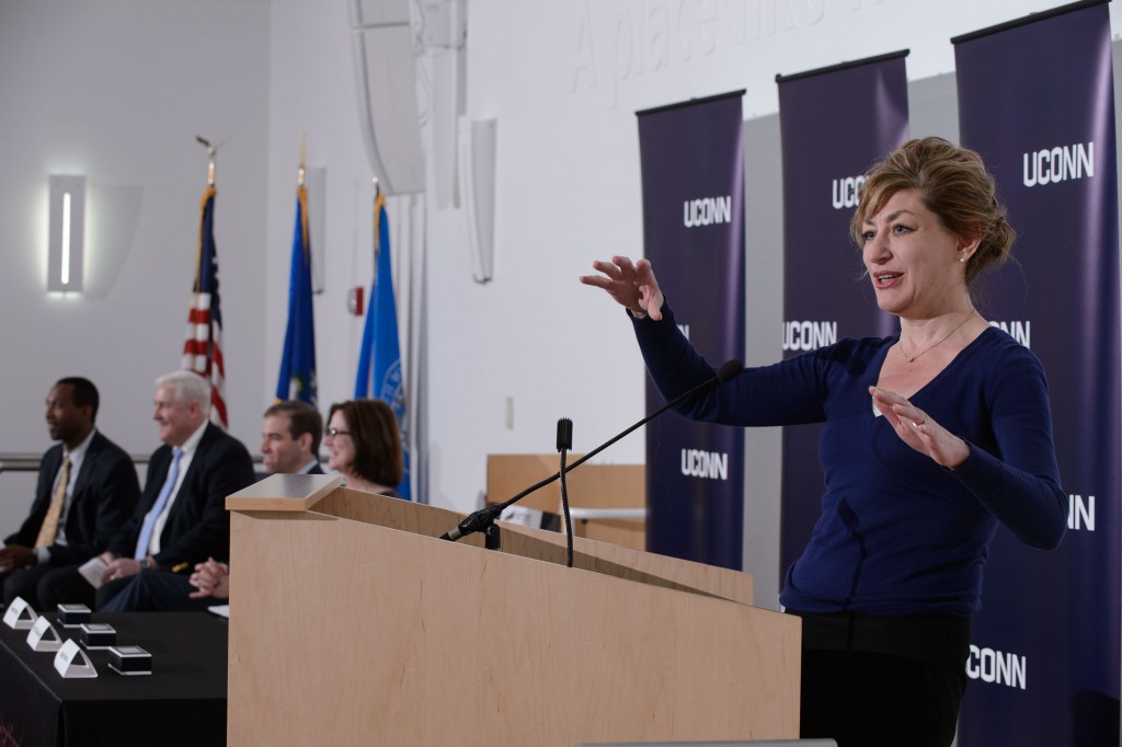 President Susan Herbst speaks during a ceremony held on April 21, 2016 at the Hartford Public Library to sign an agreement to host the new downtown UConn Hartford library there. (Peter Morenus/UConn Photo)