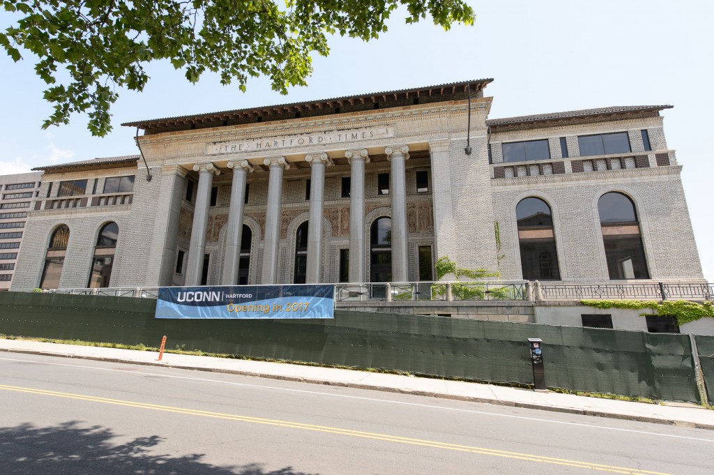 The new downtown campus, centered on the former Hartford Times building, will use space within the Hartford Public Library across the street for classrooms, a library collection, and study areas. (Peter Morenus/UConn Photo)