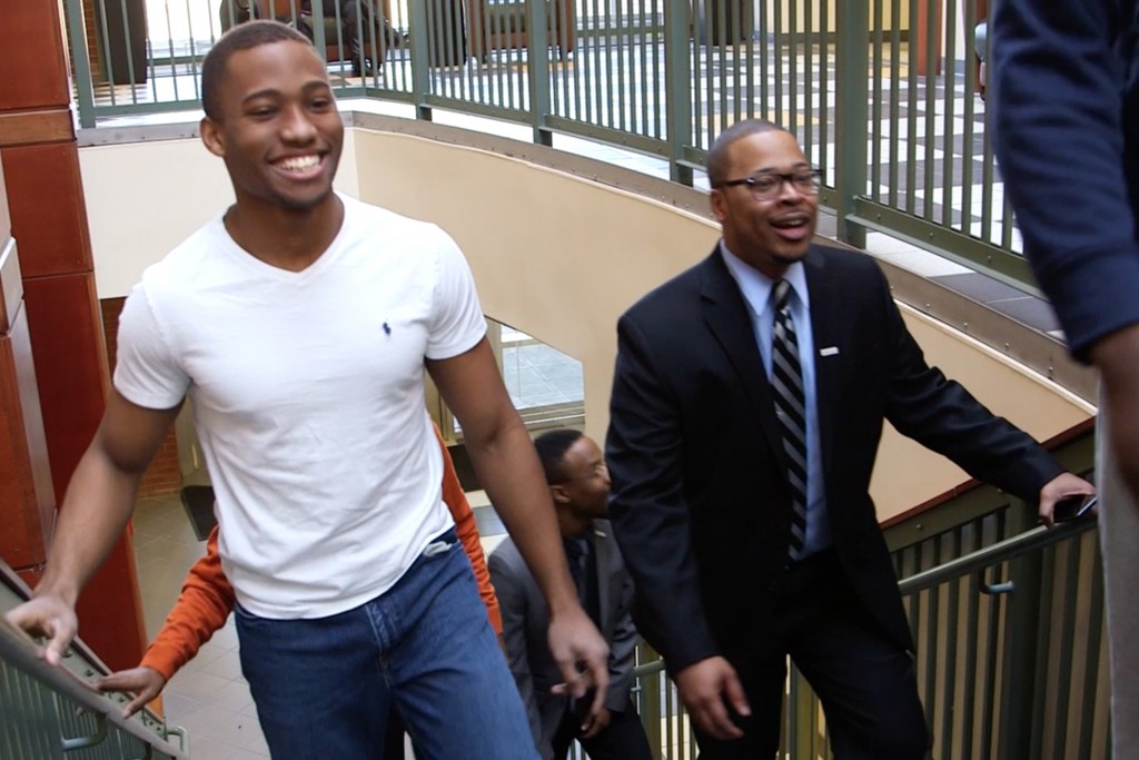 Reuben Pierre-Louis, left, and Erik Hines, in Gentry Building. (Joseph Colombatto, Video Heritage Productions, for UConn)