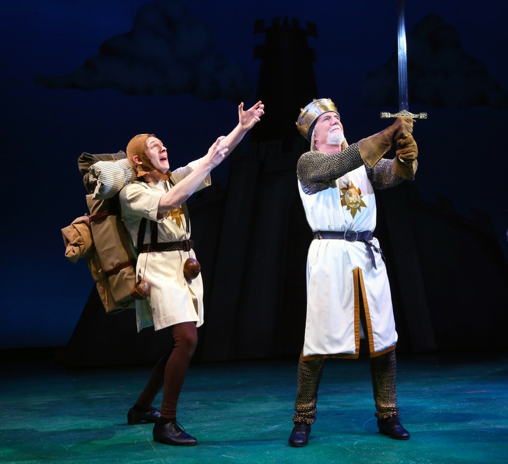 Gavin McNicholl ’17 (SFA) as Patsy and Richard Kline as King Arthur star in 'Monty Python’s Spamalot,' onstage at Connecticut Repertory Theatre April 21-May 1, 2016. (Gerry Goodstein for UConn)