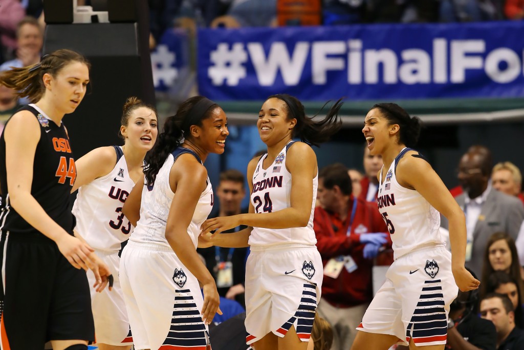 UConn advanced to the national final on Sunday with a win over Oregon State in the national semifinals. The Huskies will be playing for their fourth-straight national championship and 11th overall. (Stephen Slade '89 (SFA) for UConn)