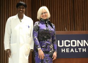 From left, Dr. Marja Hurley and Linda Sandell during the Group on Women in Medicine and Science Annual Symposium and Recognition of Outstanding Women Symposium at UConn Health May 2, 2016. (Photo courtesy Anastasia Rollins)