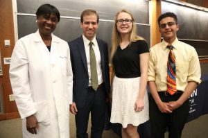 From left, Dr. Marja Hurley, Associate Dean of Health Career Opportunity Programs, Hartford Mayor Luke Bronin, and Senior Aetna HPPI Doctors Academy graduates Tanya Miller and Alexander Naoum who will be attending UConn Storrs, Class of 2020, and are UConn Rowe Honor students. (Photo by John Atashian)